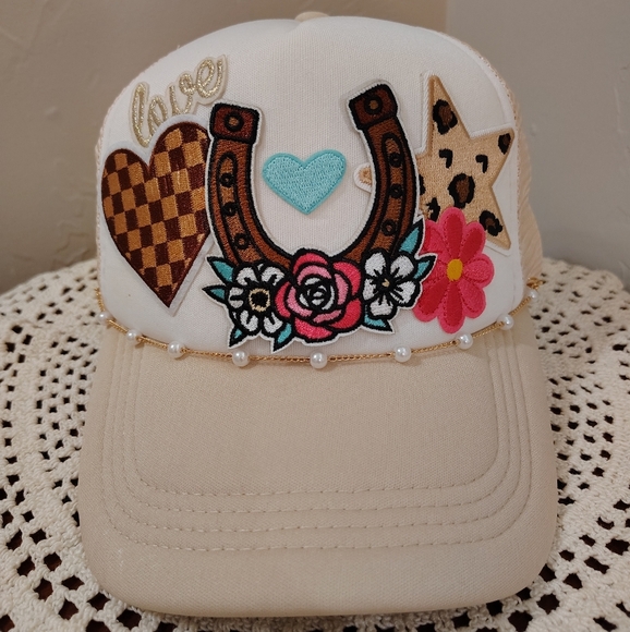 Handmade Patch Trucker Hat With Pearl Bead Hat Chain - Picture 1 of 5